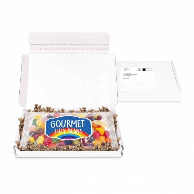Gift Boxes – Mini White Postal Box – Jelly Bean Flow Bag – PAPER LABEL